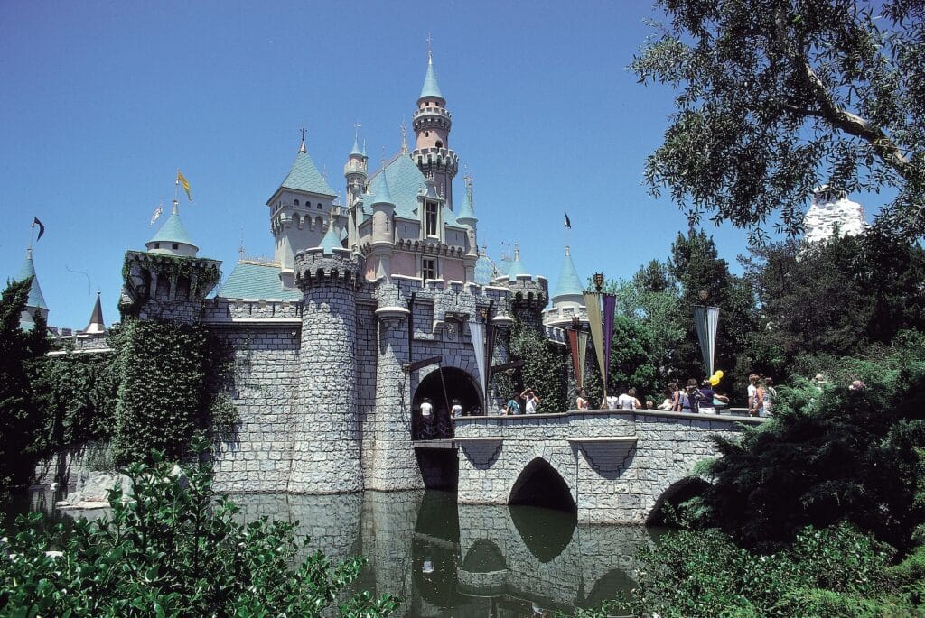 theme park castle with pond